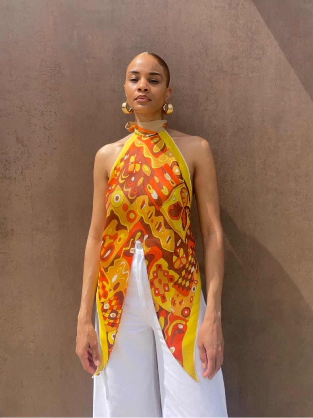 Vibrant Orange & Yellow Halter Scarf Top